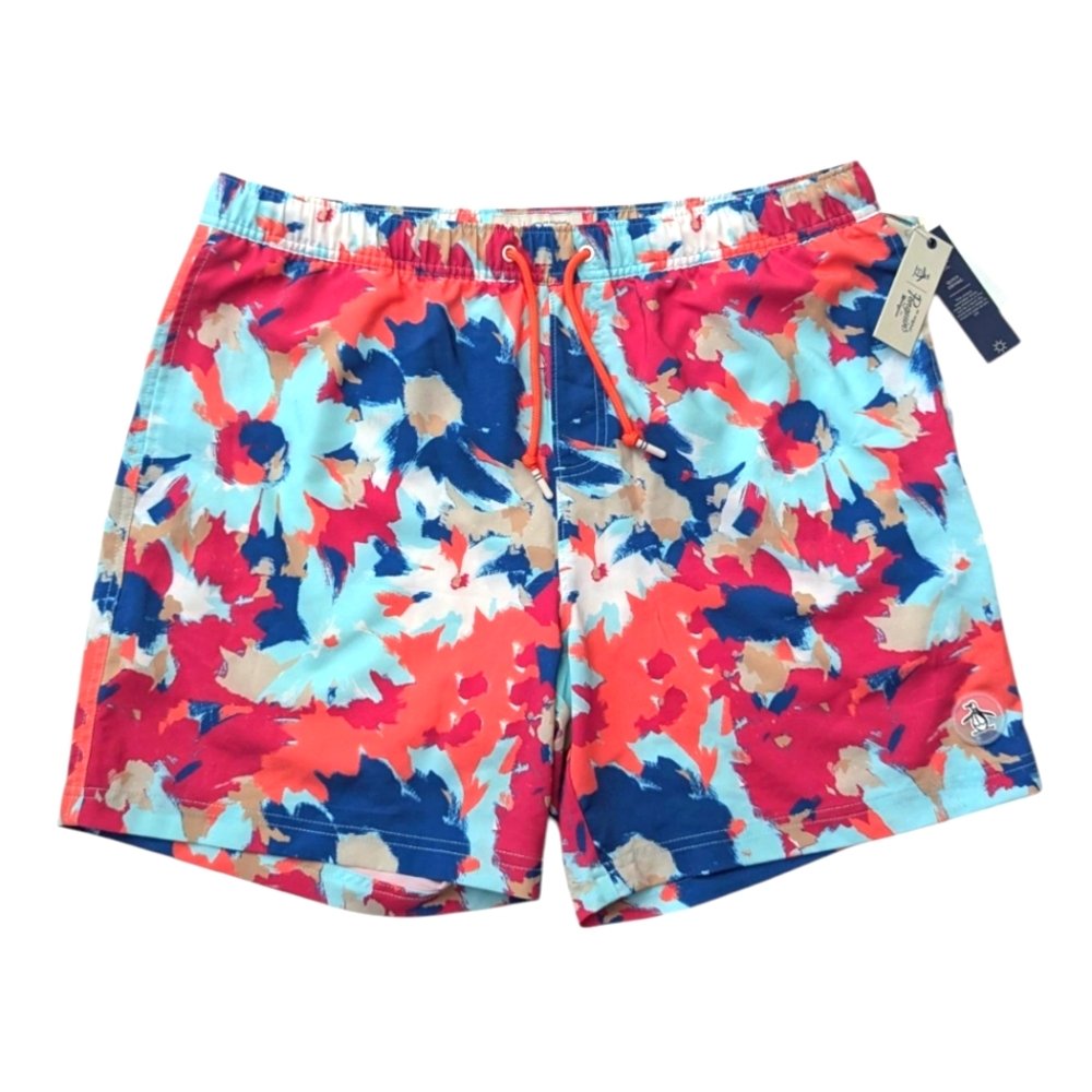 NWT Penguin Swim Shorts Hot Coral Tropical Print Size XL Quick Drying